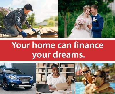 Photos of person working on home, couple getting married, new car, a person starting a business and a couple on vacation