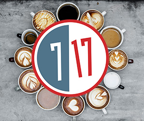 Coffee Cups circling the 7 17 logo