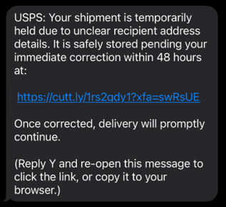 Image of USPS text message scam